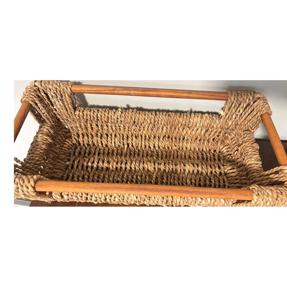 Vintage Woven Seagrass Basket Wood‎ Frame Handles Rectangular Tray Boho 22x11